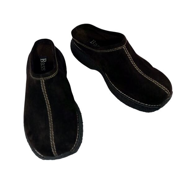 NWOT! BASS! ESPRESSO BROWN GENUINE LEATHER CREAM STITCHED CLOGS, MULES! SZ 7.5M - Picture 2 of 10